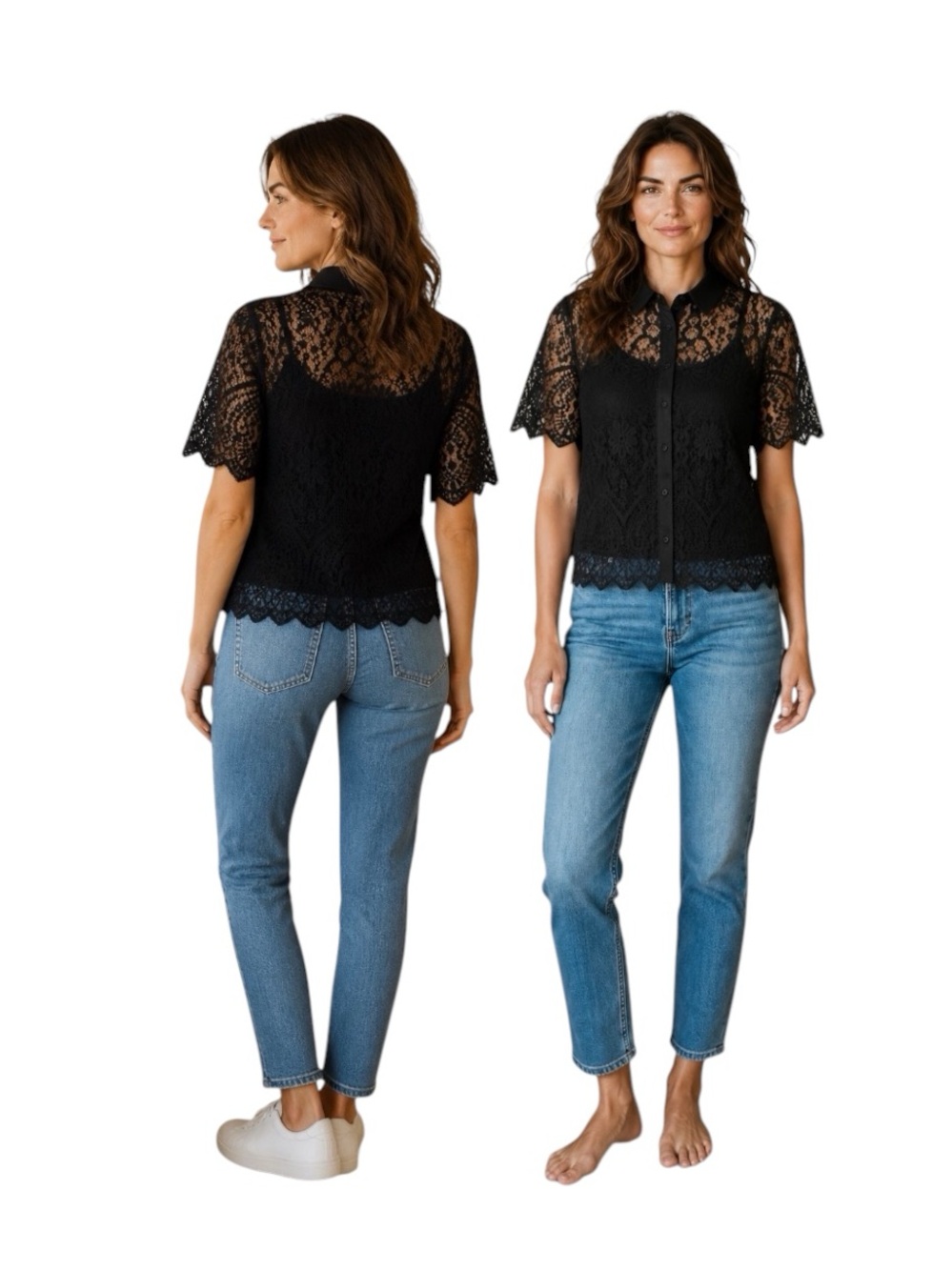 Time and Tru Black Lace Short-Sleeve Button-Up Blouse With Cami